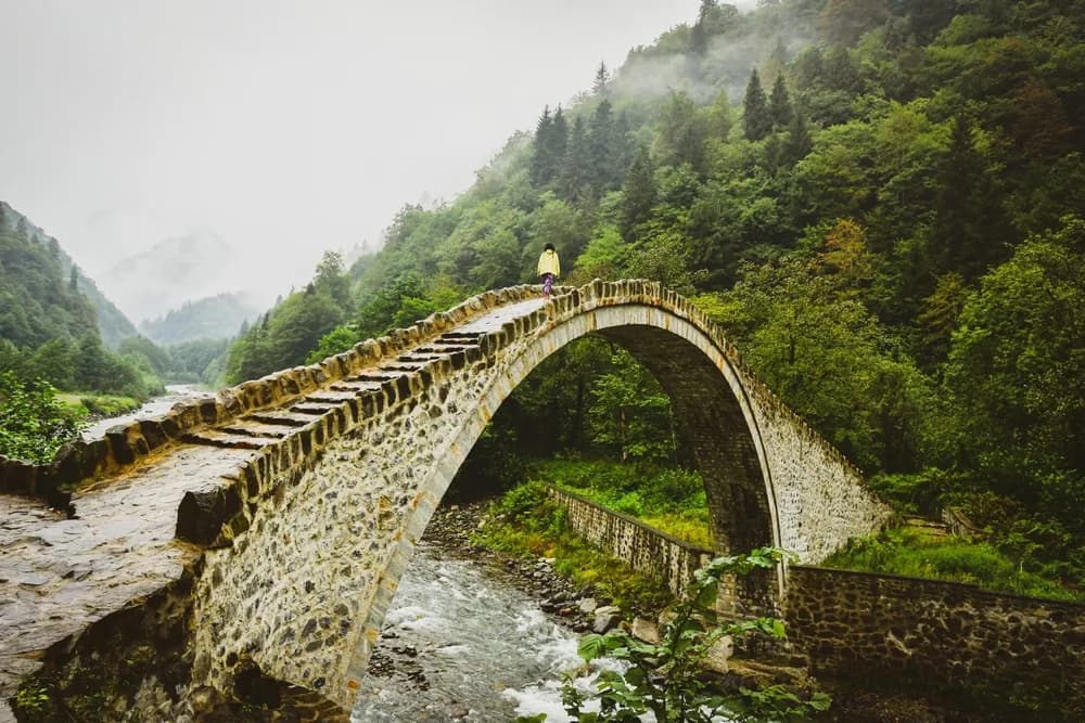 A historic Ottoman-era humpback stone bridge over a Black Sea mountain river