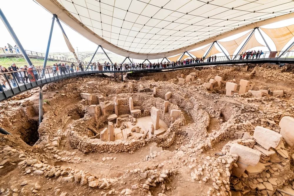 The T-shaped megalithic pillars of Göbekli Tepe under its protective canopy