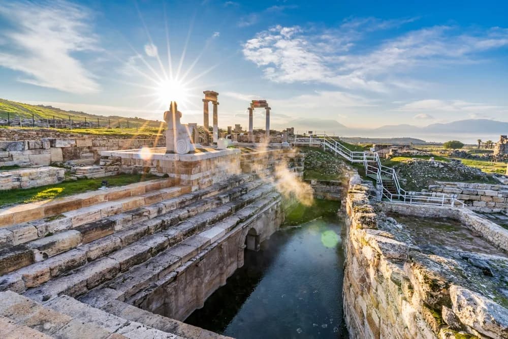 Ancient columns and thermal pools at Hierapolis above Pamukkale