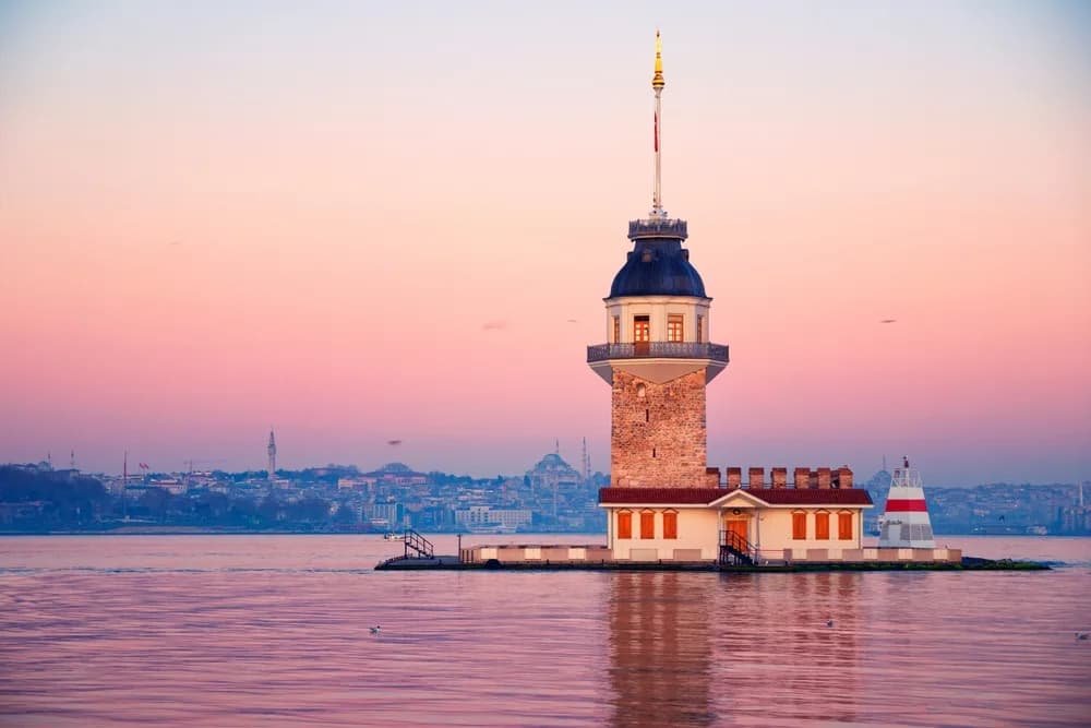 Maiden's Tower (Kız Kulesi) on its islet in the Bosphorus at sunset, Istanbul