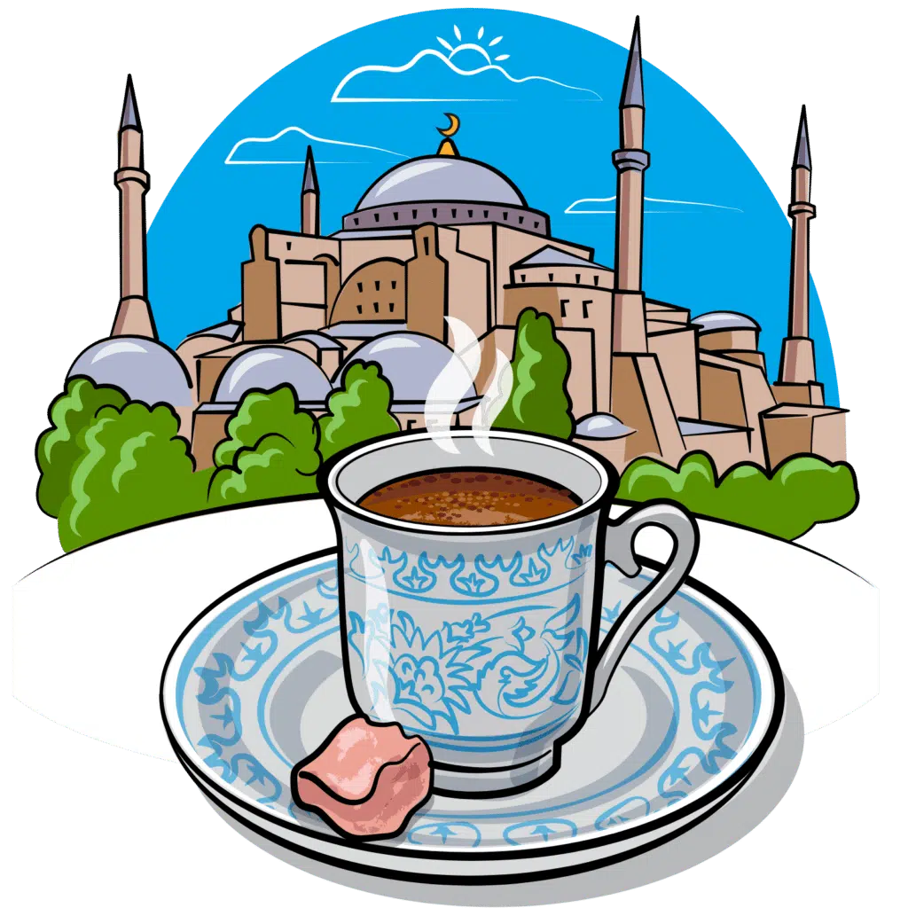 a cup of coffee on a plate with a city in the background